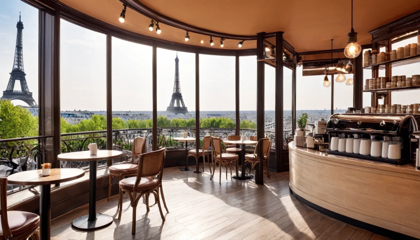 cofee shop interior in paris with view of eifell tower