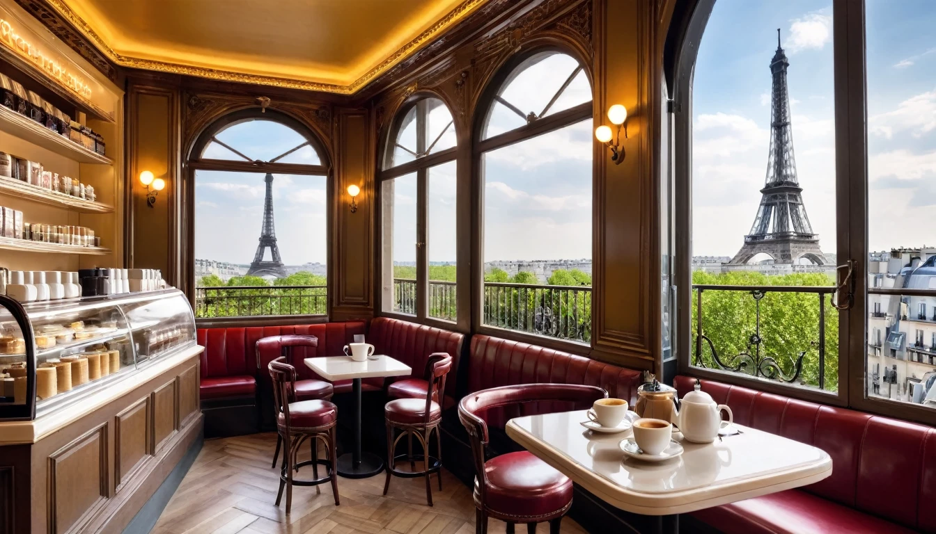 cofee shop interior in paris with view of eifell tower