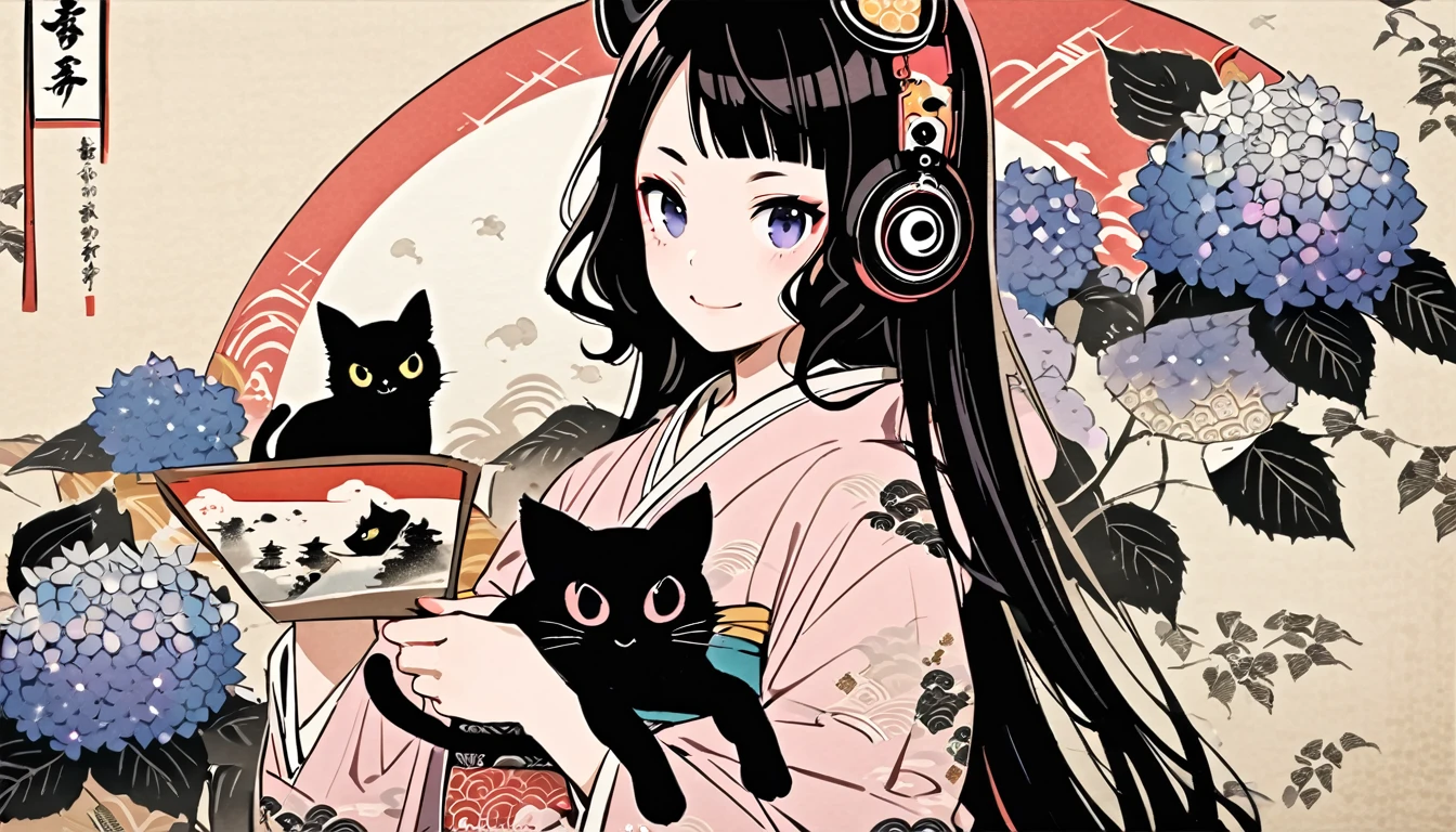 Highest quality, Katsushika Hokusai, Ink Painting, (((very straight longhair))), (((hydrangea))), (((Pale pink kimono))), (((smile))), (((One black cat))), Patterned headphones, beautiful girl, Black Hair, Delicate and precise, Modern ukiyo-e style