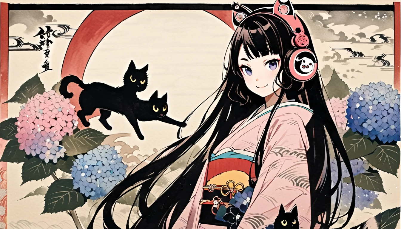 Highest quality, Katsushika Hokusai, Ink Painting, (((very straight longhair))), (((hydrangea))), (((Pale pink kimono))), (((smile))), (((One black cat))), Patterned headphones, beautiful girl, Black Hair, Delicate and precise, Modern ukiyo-e style