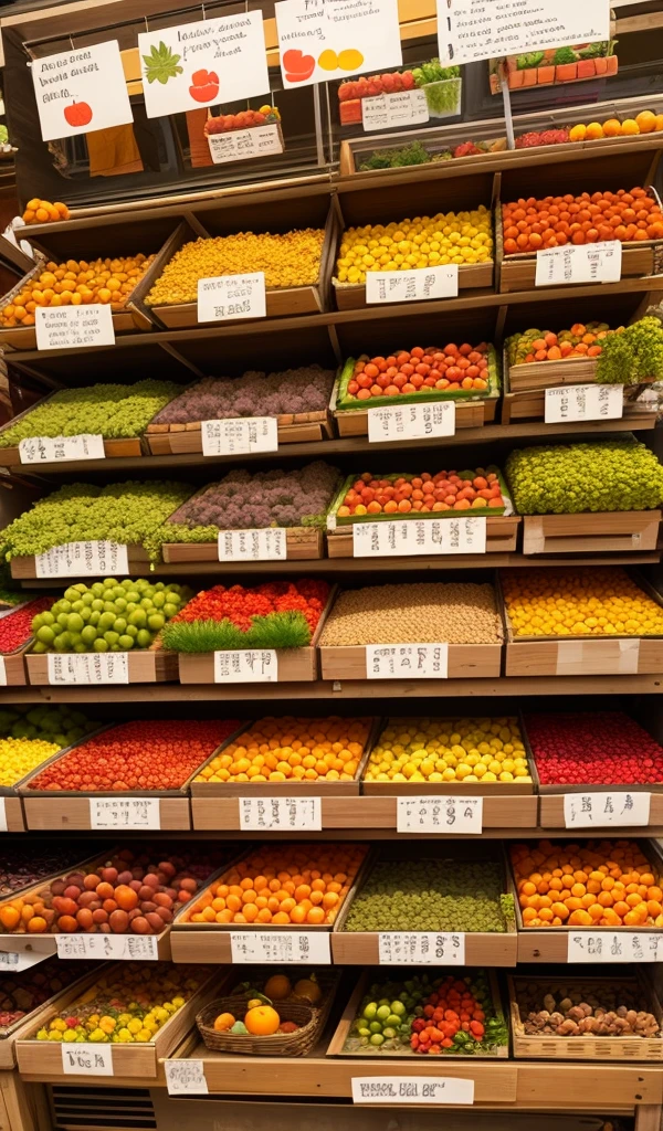 A vibrant market scene with colorful fruits, vegetables, and spices displayed in abundance.