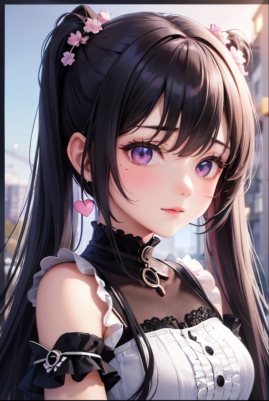 masterpiece, best quality, highly detailed, high resolution, expensive resolution, high resolution, 4k, 8k, uniform 8k wallpaper, highly detailed CG, masterpiece, 2d, 3d, beautiful details, depth, fine texture, best quality: 1.3, perfectly focused, sharp. skin, him, very cute anime girl, her name is Mei, short pigtails, idol, in the rain, expensive pink short pigtails, mole under eye, looking at the viewer, expensive, blush, mole, open lips, pink eyes, heart shaped choker, smiling face