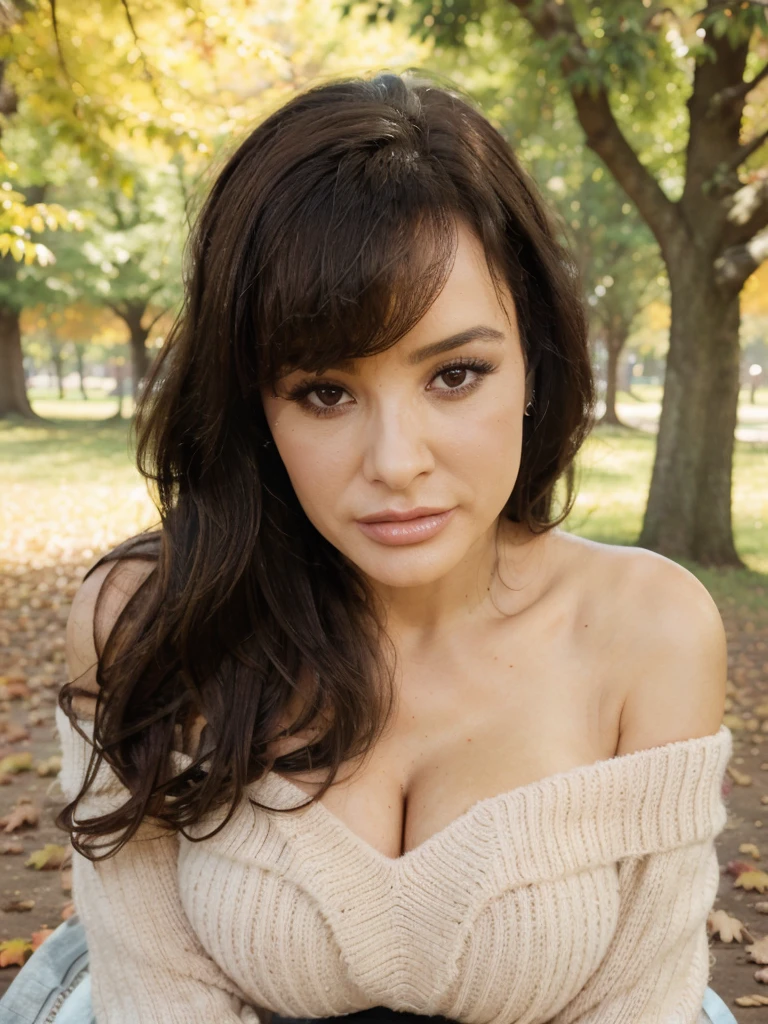 (closeup headshot:1.2), lisaann, a beautiful woman, long perfect hair, (wearing off-shoulder-jumper:1.2), (city park, autumn:1.2),  (analog, cinematic, film grain), ((detailed eyes)), (color picture:1.1), Fujifilm XT3, bent over, thick thighs, gigantic breasts, big ass