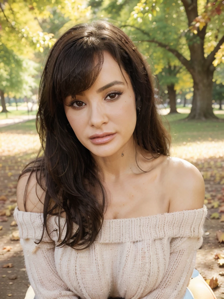 (closeup headshot:1.2), lisaann, a beautiful woman, long perfect hair, (wearing off-shoulder-jumper:1.2), (city park, autumn:1.2),  (analog, cinematic, film grain), ((detailed eyes)), (color picture:1.1), Fujifilm XT3, bent over, thick thighs, gigantic breasts, big ass