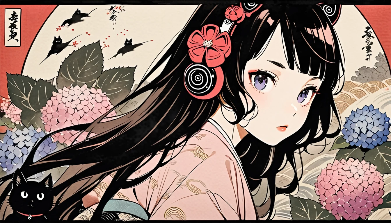 Highest quality, Katsushika Hokusai, Ink Painting, (((very straight longhair))), (((hydrangea))), (((Pale pink kimono))), (((One black cat))), Patterned headphones, beautiful girl, Black Hair, Delicate and precise, Modern ukiyo-e style