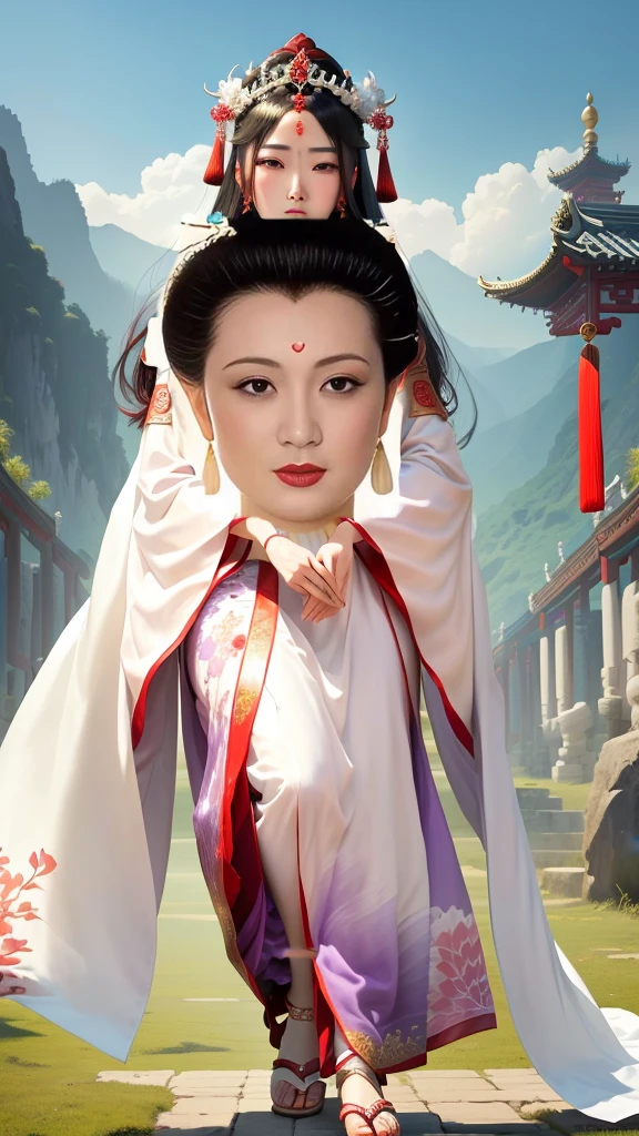 Wearing a purple dress、Wearing red silk、Arafi woman wearing a white sandal and a crown, Ancient Chinese Princess, Ancient Chinese beauties, Beautiful rendering of the Tang Dynasty, Inspired by Emperor Huizong of Song, Inspired by Zhang Zeduan, Inspired by Qiu Ying, Inspired by Lan Ying, Queen of the Sea Mu Yanling, Chinese Queen, Wearing Chinese clothes