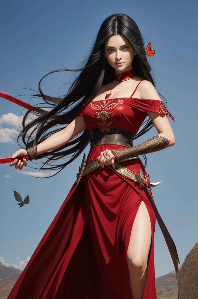 A beautiful girl with long black hair and bright blue eyes is dressed in a beautiful long red closed dress. She holds a sharp sword in one hand, while in the other he holds a buffalo artifact. Several red butterflies fly around you. The girl is portrayed in full body, in a detailed realistic style.