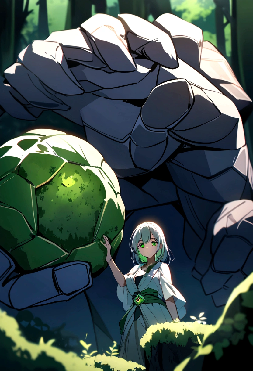 gentle stone golem, green eyes, moss on body