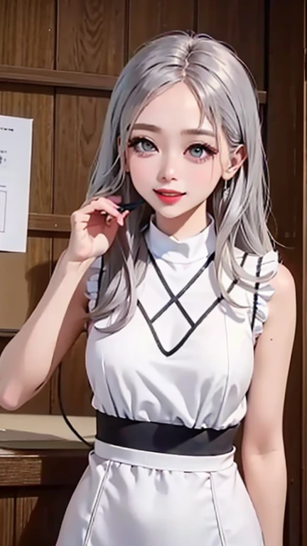 blush a little and smile, (Top quality masterpiece:1.2) Delicate illustrations, Very detailed, /Beautiful Japanese Women、1 person,Very cute and slim、Great style 、((8K images、super high quality))、Very delicate face, Skin and Hair、beautifule forehead、Red lipstick、(((((Mid-length hair、Silver Hair、lure))))),Very cute Japanese cut face、Eyes and nose are clearly visible、Kind eyes,((((Sleeveless fashion))))