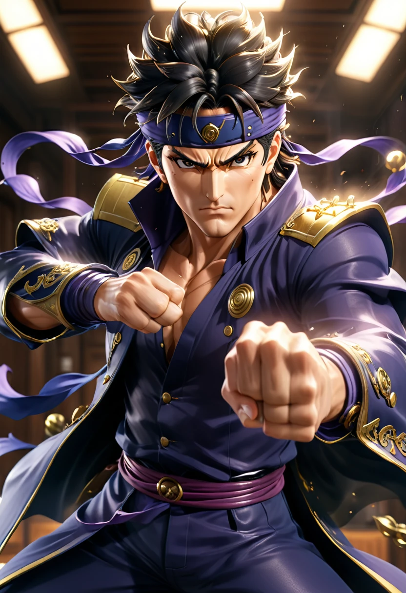 masterpiece, Exquisite detail, Very detailed, Highest quality, Studio Lighting, 4K, 8K, ラッシュpunch,, punch,, Clenched hands,, excessively,, Multiple hands,, Extra Arms, , aura, , Shorthand,, incoming attack,, motion lines,, Speed Line,, Afterimage,, motion_Blurry,, energy, , Shine, KUJO JOTARO, Jojo Style, Male Focus, Lock, Buttonless, Stud Earrings,
