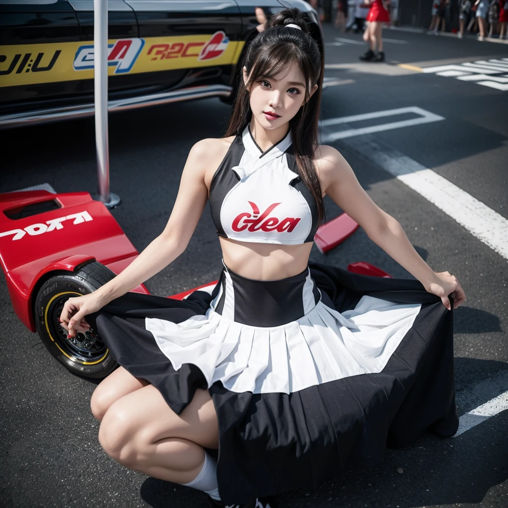 race queen, grid girl, skirt, sleeveless, master piece , best quality , detailed , bangs , woman , smile