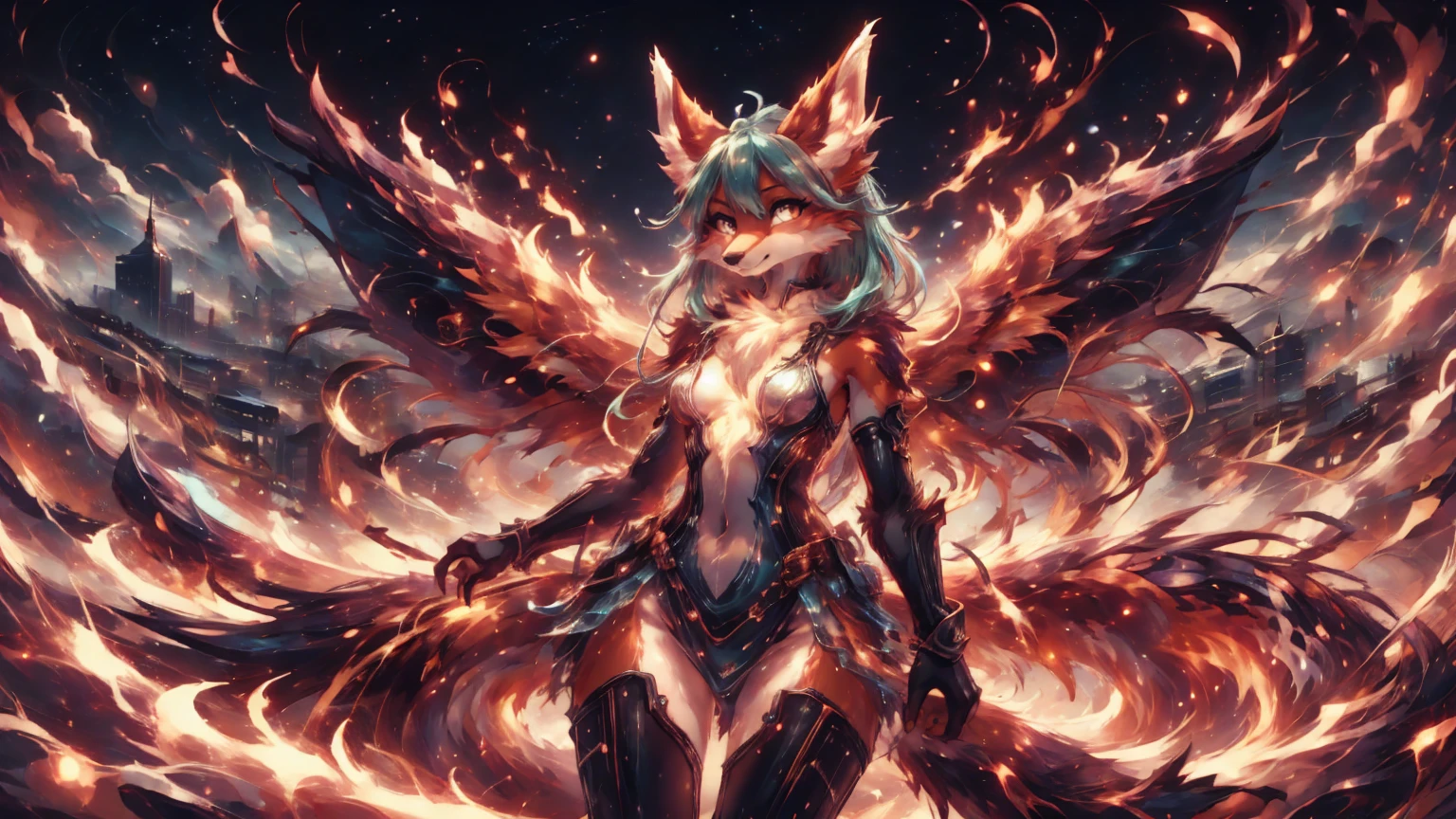 anime girl,tennage girl 18 years old, anime style, cute hatsune miku x white kitsune, shy girl , kitsune ears, dark natasha art, city landscape, art by vixen aztra, full body high definition in details the best image quality, add_detail:1 kitsune in hell add_detail:1, overpower girl add_detail:1