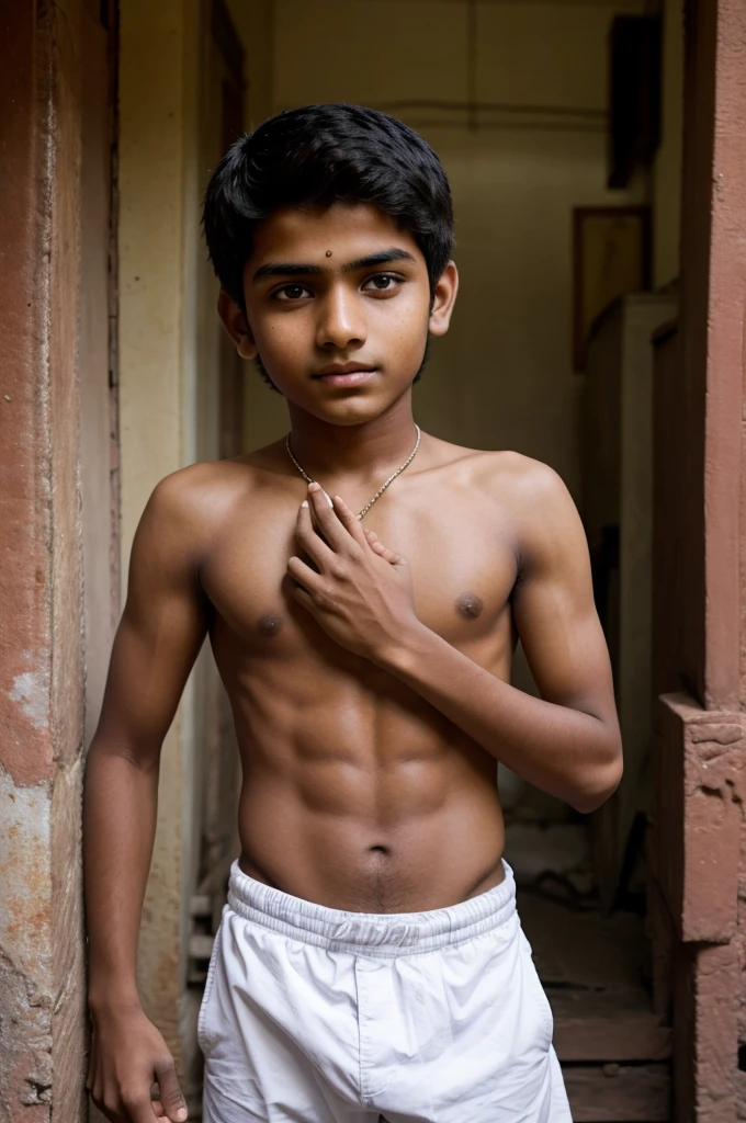 Indian boy  with white skin and respecting other people with hands.