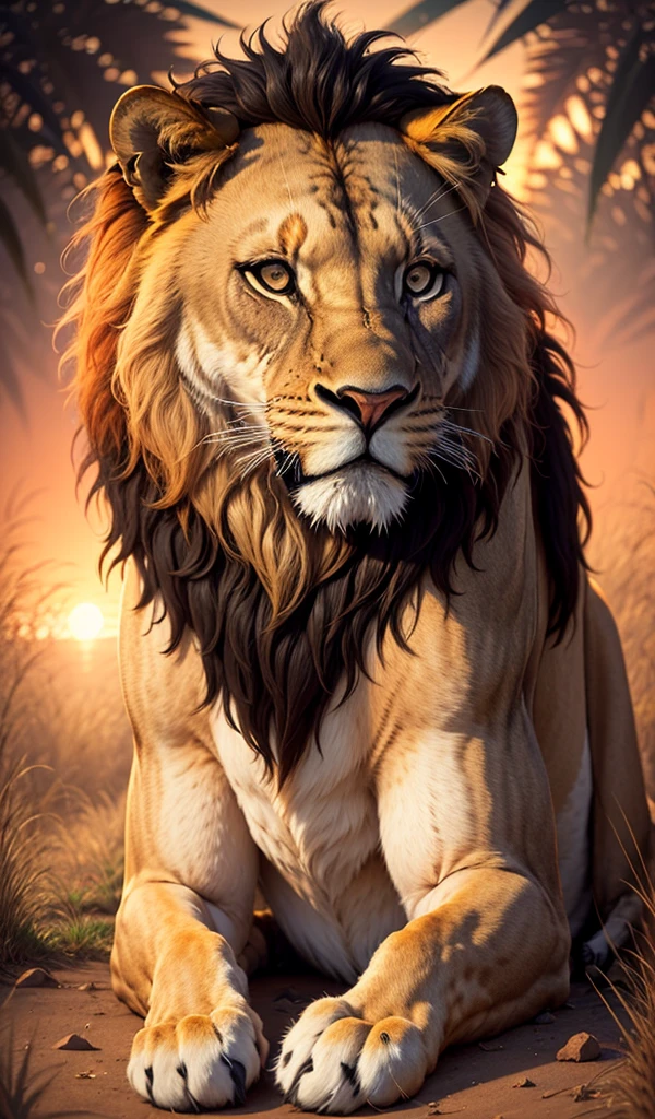 A majestic lion resting in the savannah under the golden light of the setting sun.