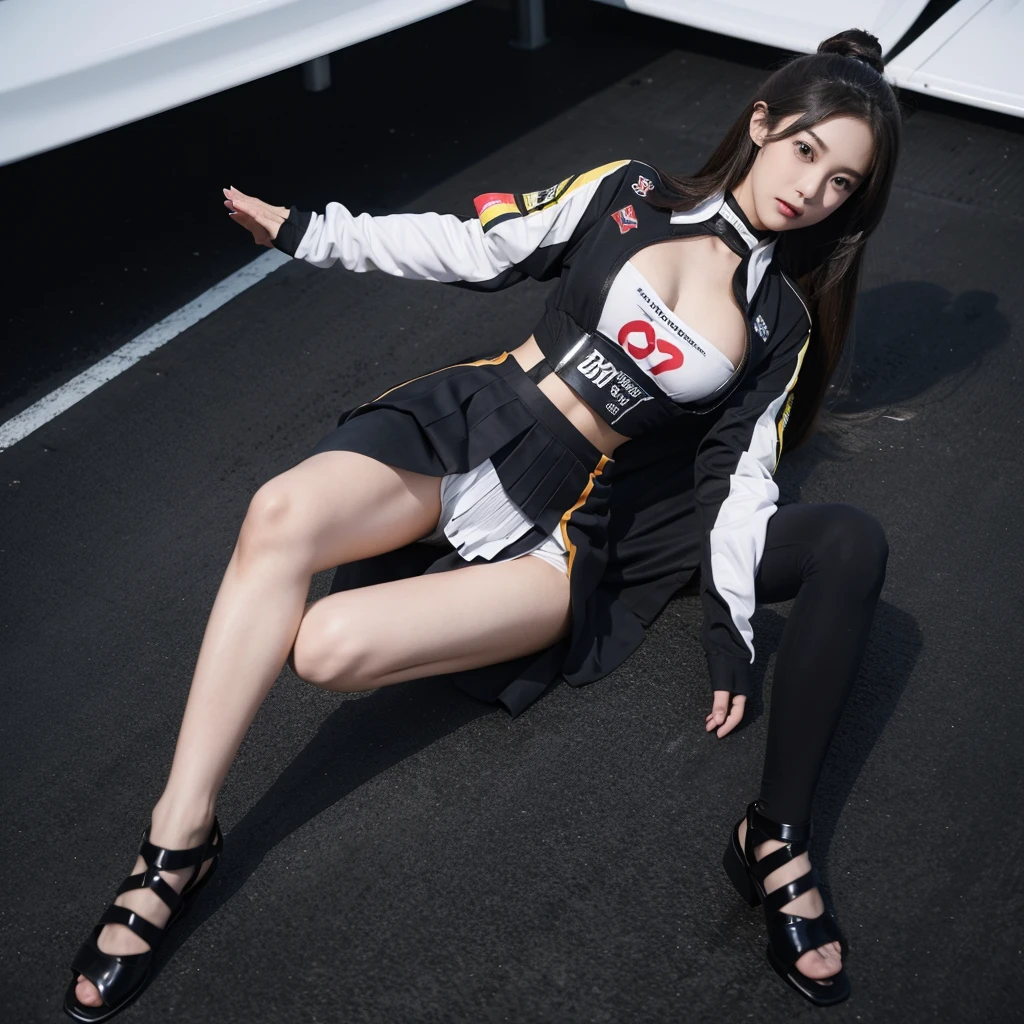 Super detailed photos、Detailed face、Lip gloss、Cool woman、Colorful costumes、F1 Driver Cosplay、Colorful costumes、Clothing with company logo、Grid Girlsのカラフルで派手な衣装、Grid Girls、Perfect Face、Paddock Girls、Harem、motor Show、tights、Bodycon Costumes、Grid Girls、Russia、Grid Girlsのコスプレ、belly button、Pleated skirt、Bodycon Costumes、Legs open pose、Spread your legs to show your crotch