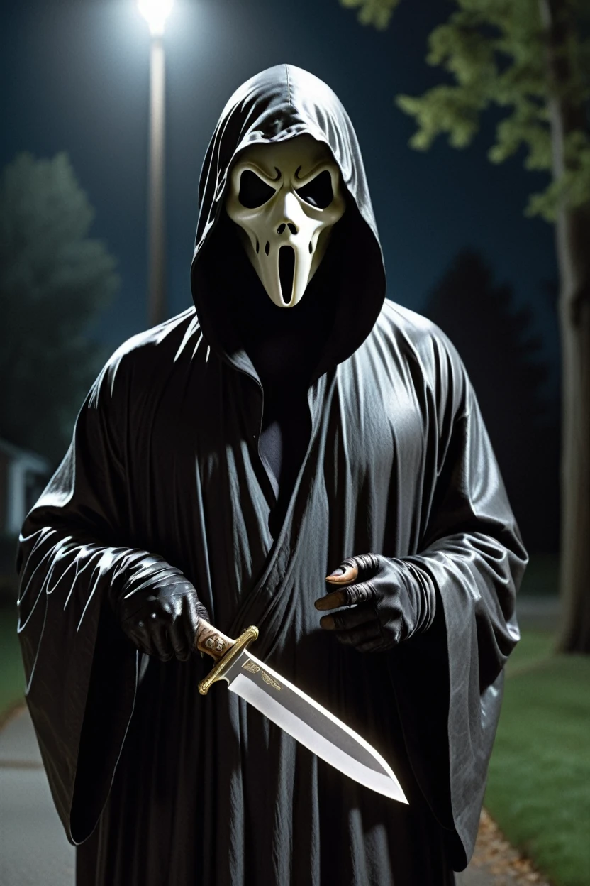 Emerging from the shadows of a dimly lit suburban street, the iconic Ghostface from the "Scream" franchise stands tall and menacing, ready to strike fear into the hearts of unsuspecting victims. Clad in a flowing black hooded robe that billows in the night breeze, the figure exudes an air of mystery and dread. The chilling white Ghostface mask, with its elongated mouth and sunken black eyes, conceals the identity of the killer, adding to the palpable sense of unease. In a menacing stance, the figure clutches a gleaming silver hunting knife, its reflection casting an ominous glow in the moonlight. The scene, rendered in stunning photorealistic detail and high-resolution 8K, captures the essence of the Ghostface character, its haunting presence dominating the frame.