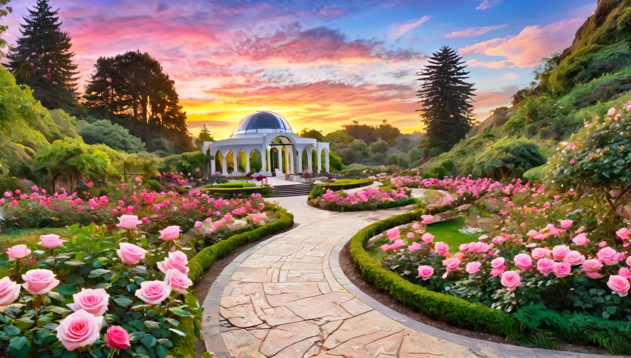 A picturesque scene of a rose garden with vibrant pink roses and pathways leading to an observatory surrounded by waterfalls. The sunset sky enhances the natural beauty of the setting.