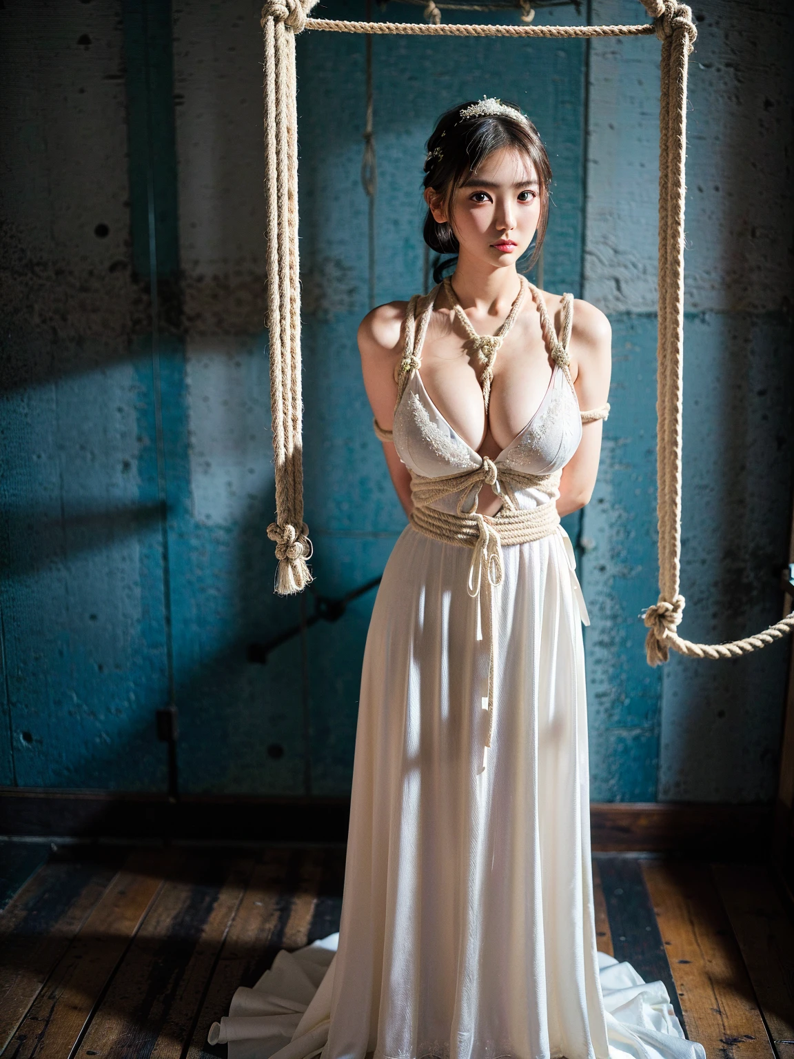 (41k4:0.7), (aika-sawaguchi:0.6), masterpiece, Best Quality, 8K, Raw photo, (wearing wedding dress:1.5), top-notch quality, masterpiece, (full body shot:1.5), (exceptionally detailed RAW color photo, professional-grade photograph, (rope bondage:1.5), (tied up with rope:1.4), (facing viewer:1.5), (looking at viewer:1.4), (Realistic, Photorealistic:1.37), (highly detailed skin:1.2), Ultra-high resolution, (lens 50mm), (masterpiece, top-quality:1.3), (hyper realistic:1.35), (Photorealistic:1.45), (Realistic:1.4), solo, (1 pretty Japanese girl), 21 years old, Japanese idol, supermodel, pale skin, (slim:1.3), (slim body:1.25), (slender body:1.25), (narrow waist:1.35), pretty face, (large breasts:1.15), (deep cleavage:1.3), gravure idol