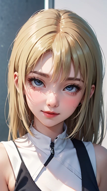 blush a little and smile, (Top quality masterpiece:1.2) Delicate illustrations, Very detailed, /Beautiful Japanese Women、1 person,Very cute and slim、Great style 、((8K images、super high quality))、Very delicate face, Skin and Hair、beautifule forehead、Red lipstick、(((((Mid-length hair、Blonde、lure))))),Very cute Japanese cut face、Eyes and nose are clearly visible、Kind eyes,((((Sleeveless fashion))))