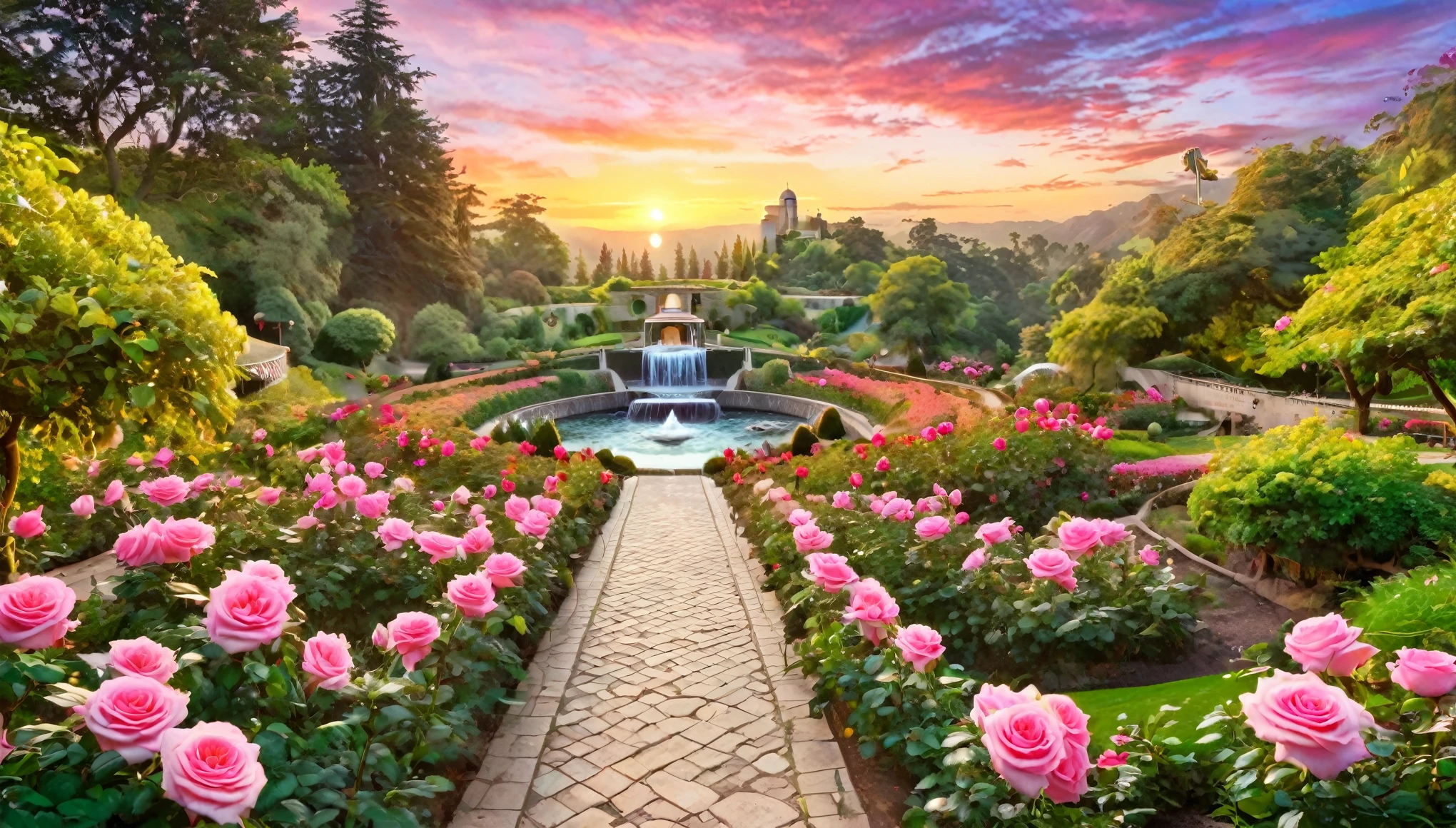 A picturesque scene of a rose garden with vibrant pink roses and pathways leading to an observatory surrounded by waterfalls. The sunset sky enhances the natural beauty of the setting.