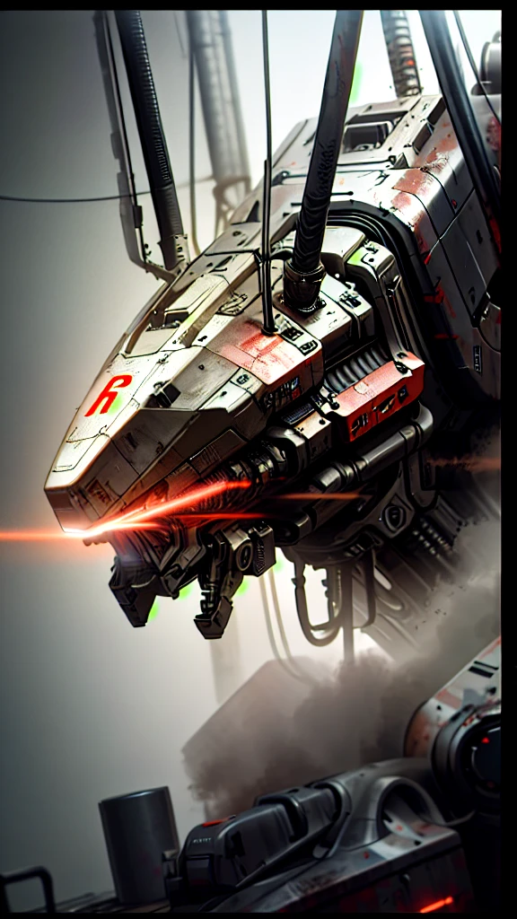 A robot, with red details, post apocalyptic scene. The illustration is in high definition at 4k resolution, with highly-detailed features and cinema-style visuals. Animation 3d style, hyper realistic, 60mpx, cold cinematic illumination, high steel textures.