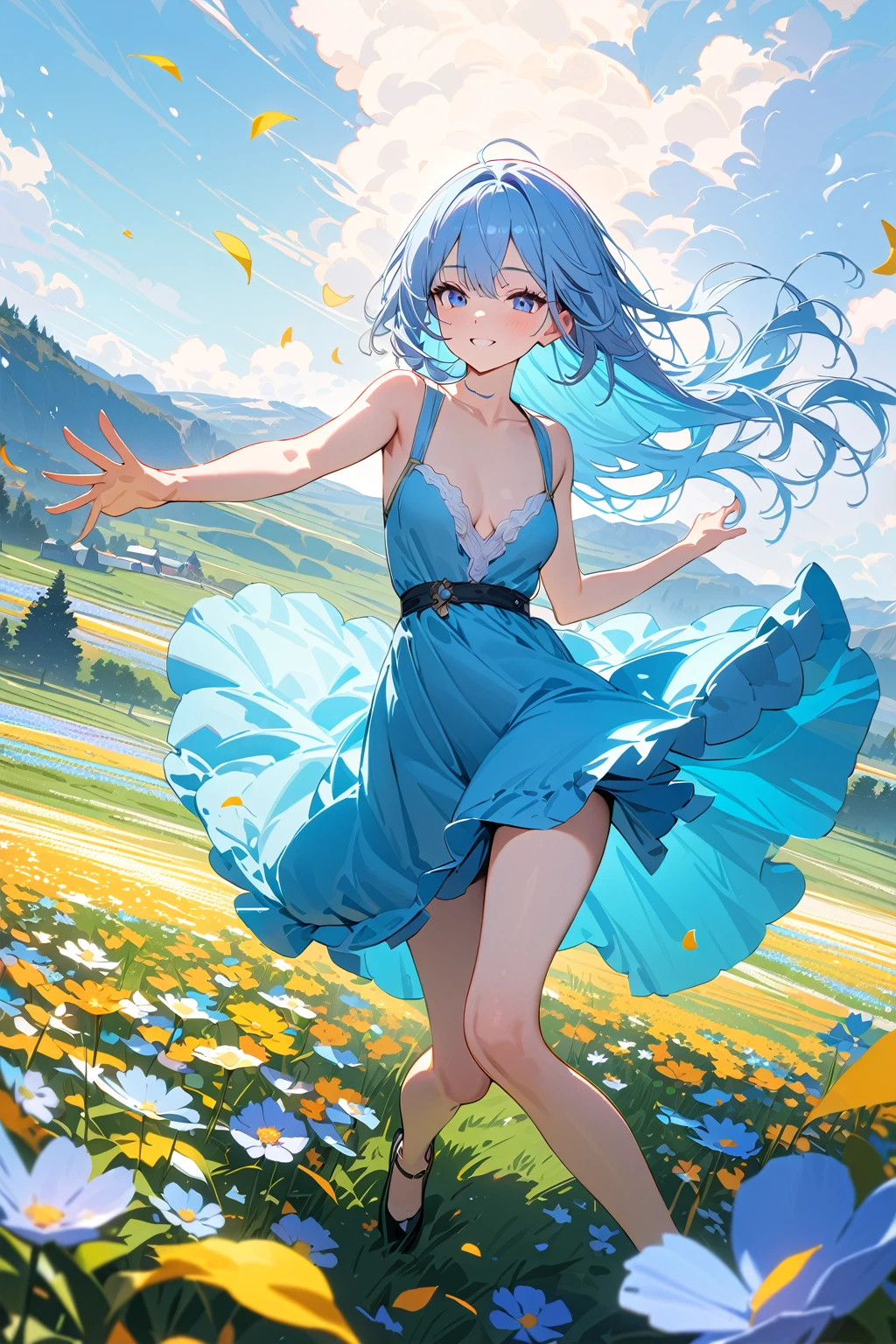 (masterpiece, best quality:1.5), (ultra detailed, high resolution, 8k, beautiful detailed, UHD, best anatomy), pale blue hair, flat breasts, 1 cute girl, knee-length dress, Flower fields spread over meadows, got his hands outstretched, Petals are dancing in the wind