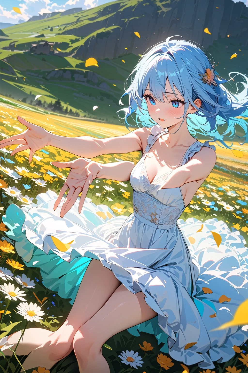 (masterpiece, best quality:1.5), (ultra detailed, high resolution, 8k, beautiful detailed, UHD, best anatomy), pale blue hair, flat breasts, 1 cute girl, knee-length dress, Flower fields spread over meadows, got his hands outstretched, Petals are dancing in the wind
