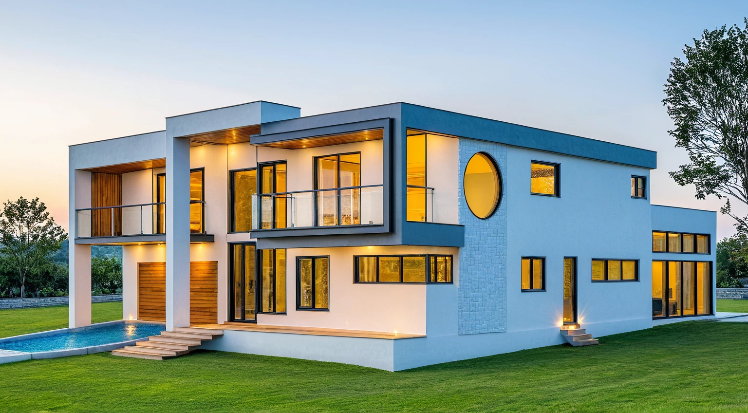 Masterpiece, high quality, best quality, authentic, super detail, outdoors, onestoreyvillaXL, aiaigroup, house style modern, white wall ,pool,wood decking, pavement, grass, trees, dusk sky, cloud, (daylight:1.1)