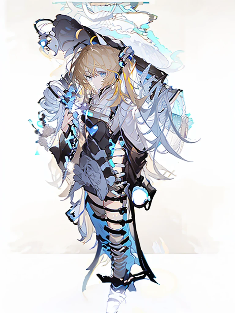 A girl，（Standing picture），（whole body），Character Design，Fashion Design，Complex headdress，Complex clothes，Overalls，Standing，bandage，Beige hair，Mine system