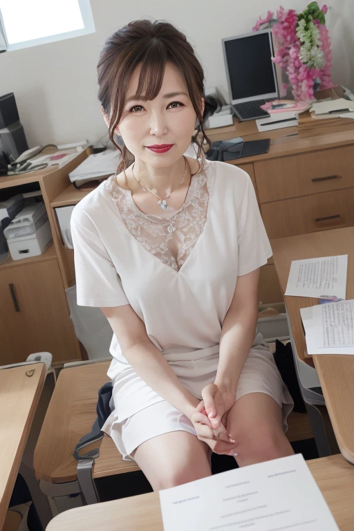Beautiful mature Japanese woman aged 55, Married women, have fine wrinkles, Long eyelashes, Sparkling eyes, Low ponytail, Red lipstick, elegant, Great body, Pearl Necklace, Colorful open-neck shirt, Floral slit skirt, photo shoot, Sensual pose, office, Have documents