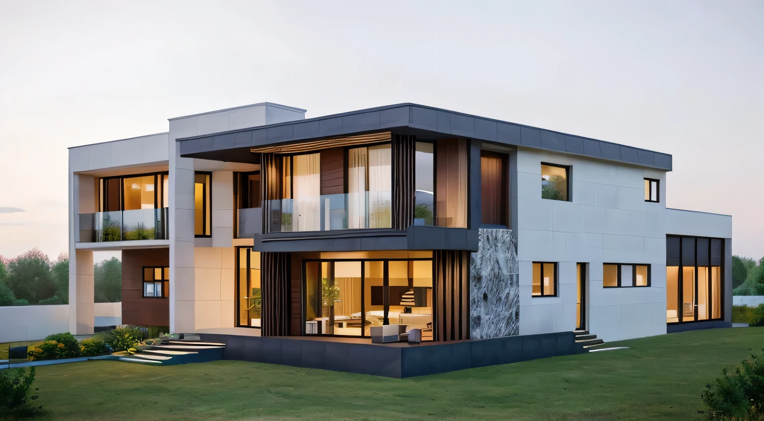 villa modern,night, Realistic, exterior, sunlight, house, RAW photo, 8k uhd, dslr, (high detailed skin:1.3), soft lighting, ultra quality, film grain, Fujifilm XT3, sharp image, best quality, authentic, hight quality, TREE BACKGROUND
