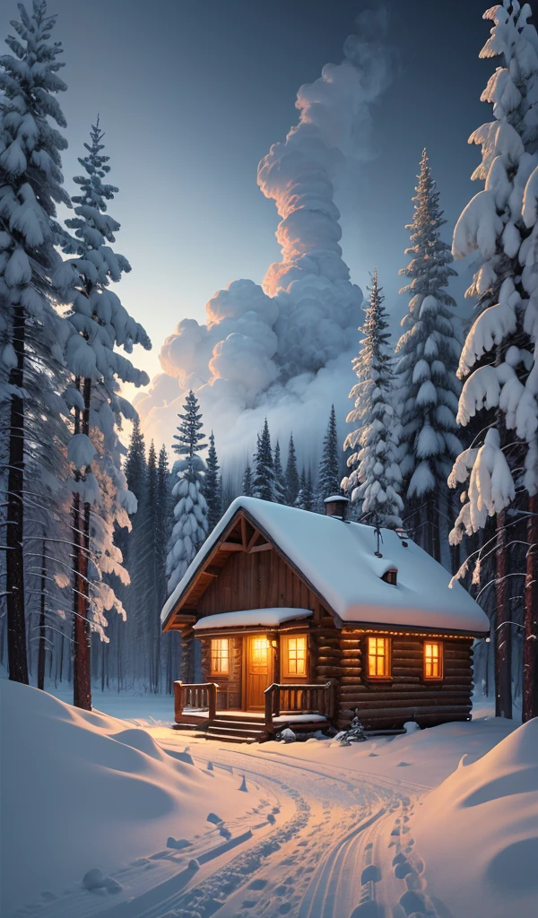 A snowy winter landscape with a cozy cabin nestled among pine trees and smoke well part of a series of prompts images with detailed description.