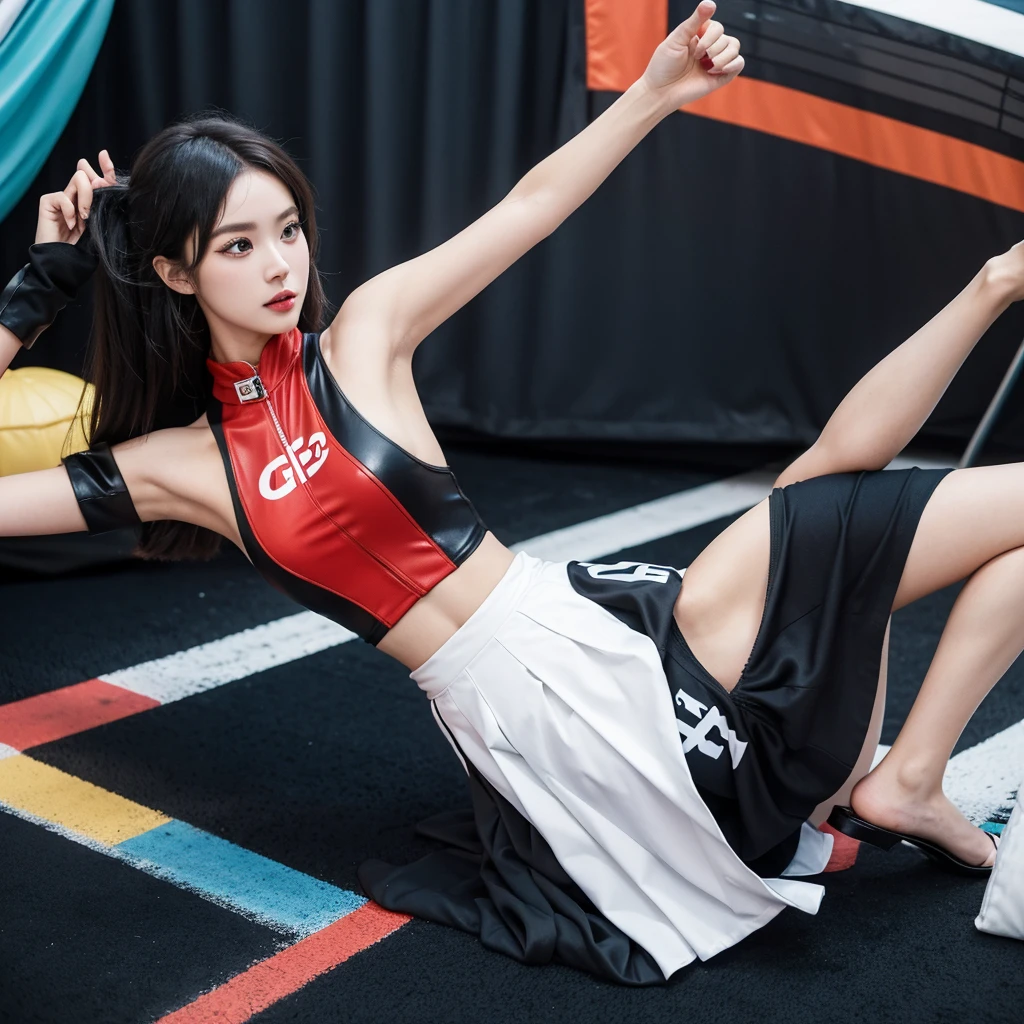 Super detailed photos、Detailed face、Lip gloss、Cool woman、Colorful costumes、F1 Driver Cosplay、Colorful costumes、Clothing with company logo、Grid Girlsのカラフルで派手な衣装、Grid Girls、Perfect Face、Paddock Girls、Harem、motor Show、tights、Bodycon Costumes、Grid Girls、Russia、Grid Girlsのコスプレ、belly button、Pleated skirt、Bodycon Costumes、Legs open pose、Spread your legs to show your crotch