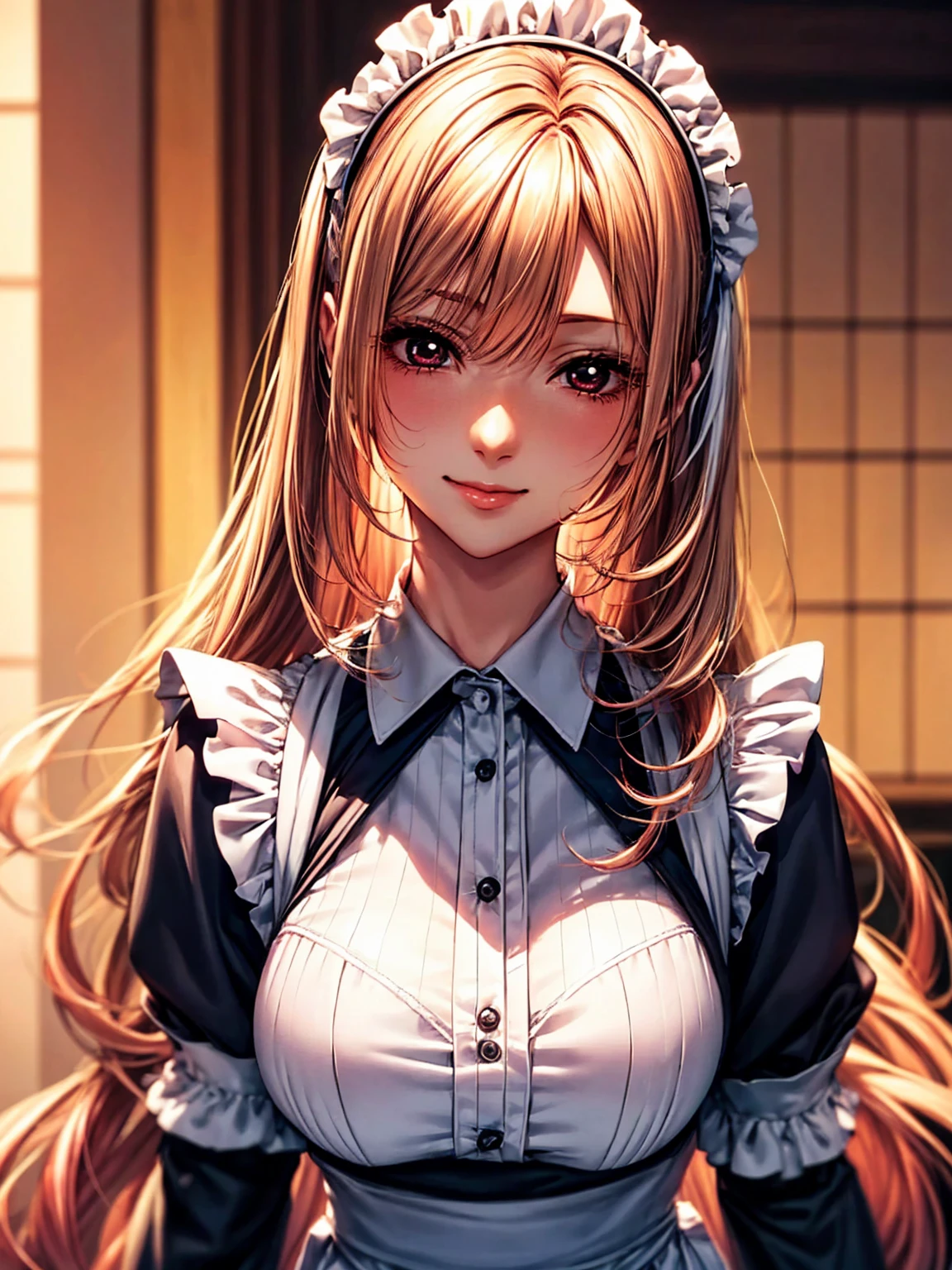(masterpiece:1.2), (Best quality at best:1.2), perfect eyes, perfect face, 1 Girl, Alone, 8K, Best Quality, large breast,(Detailed description of hair), (Detailed description of face),(Detailed description of body), fair and clear skin, matchless beauty, long legged, facing the audience, professional photographic lighting, kitagawa Marin, blonde long hair gradient to pink hair, red eyeball, Japanese style maid costume, girlfriend ssmile, Japanese traditional doll-like Outfit