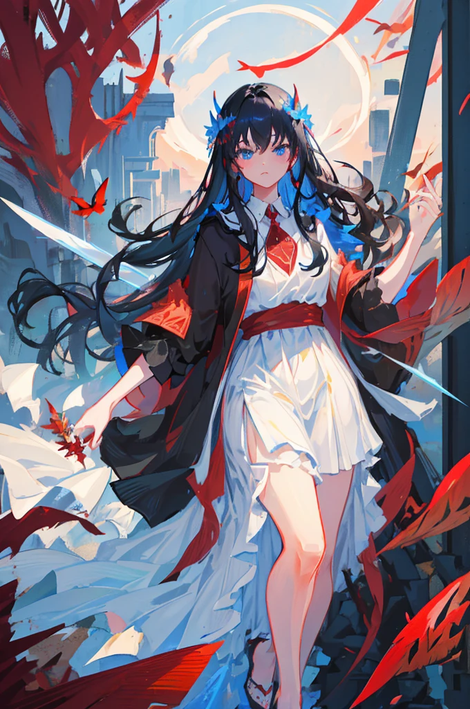 A beautiful girl with long black hair and bright blue eyes is dressed in a beautiful long red closed dress. She holds a sharp sword in one hand, while in the other he holds a buffalo artifact. Several red butterflies fly around you. The girl is portrayed in full body, in a detailed realistic style.