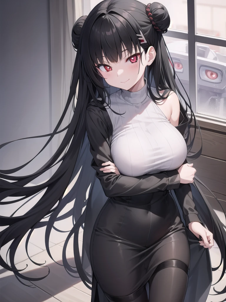 Rivertsukatsuki, River, black hair, (red eyes:1.5), Bun Hair、Extremely large breasts(4700)、 半裸 girl with long black hair and long grey hair、Twins hugging、smile