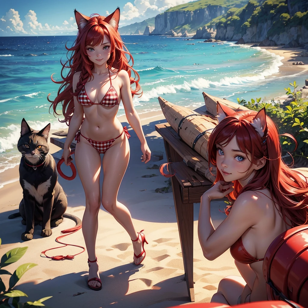 (high resolution, full body, soft skin:1.2),(best illustration,masterpiece:1.2),ultra-detailed,[(cat ears , red inside:1.2, red braided hair, blue cat eyes),vivid colors,sharp focus, sunlight,bokeh, wearing a checkered bikini, beach background, smiling, walking to the water