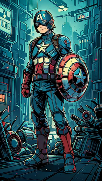 best quality,masterpiece,1boy,solo,(((13years old))),japanese boy,an extremely cute and handsome boy,highly detailed beautiful face and eyes,petit,cute face,lovely face,baby face,shy smile,show teeth, Blonde hair,Short hair,flat chest,skinny,slender,(((wearing a Captain America costume, blue helmet))),(((standing in Dark Midnight Neon Glow light Cyberpunk Gotham City))),he is looking at the viewer,