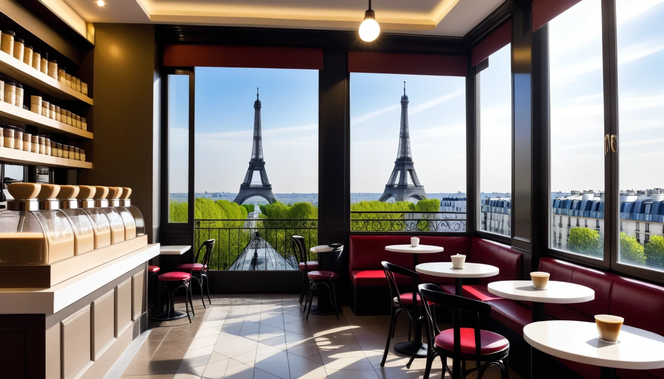 cofee shop interior in paris with view of eifell tower