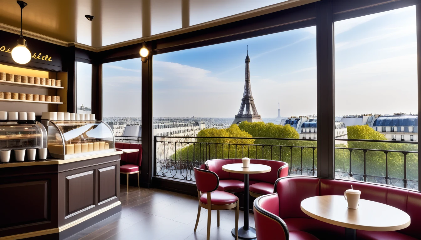 cofee shop interior in paris with view of eifell tower