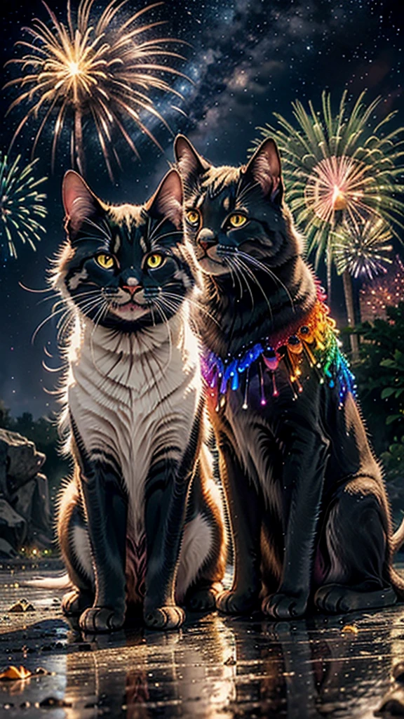 Fantastic scenery、firework、firework大会、Rainbow colorsのfireworkが打ちあがっている瞬間、With the night sky、壮大なfirework、future都市、Highest quality、masterpiece, (Diffuse reflection of light:1.2), When the fantastic rainbow turns into shadow, bathed in a mystical atmosphere.Catたちも見ています、 Cat, Cast magic spells. evoke a sense of wonder and awe. A fusion of natural grandeur and magic, Weaving dreams into reality. Behold, null, And the unknown, Fleeting、And an eternal moment, 16K, Ultra-high resolution.Realistic, Ultra-high resolution, to be born,future、Rainbow colorsに光り輝く、Rainbow colors、The world 30 years from now。