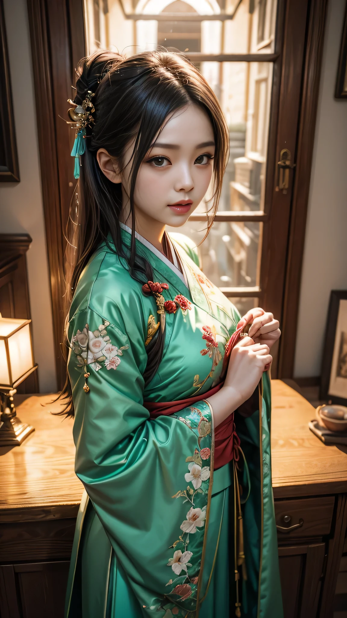 /Imagination Tips: https://image5.cdn.seaart.ai/static/upload/20230609/8209bbe6-5d3d-417a-ba6d-8cbde95790a7.png Aesthetic, A Bishōjo illustration, wearing light green hanfu:::2, diagonal composition, Up View: :0.5, Unreal Engine: :0.5, Soft Light::0.5, Green: :2, High Resolution: :0.5, Fairy Castle, Realistic::2, Chinese Costume: :2, Embroidery::1, Portrait Photography::2 --No Lantern Brick Red --ar 16:9 --S 70 --Q 0.5 --IW 1.25 --V 5.1