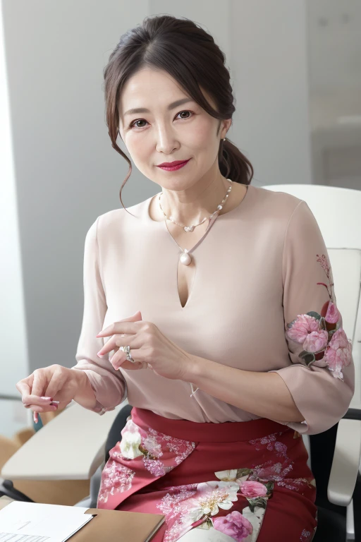 a beautiful mature 55-year-old japanese woman, married woman, fine wrinkles, long eyelashes, sparkling eyes, low ponytail, red lipstick, elegant, stunning figure, pearl necklace, colorful open-neck blouse, floral slit skirt, photoshoot, sensual pose, office setting, business meeting