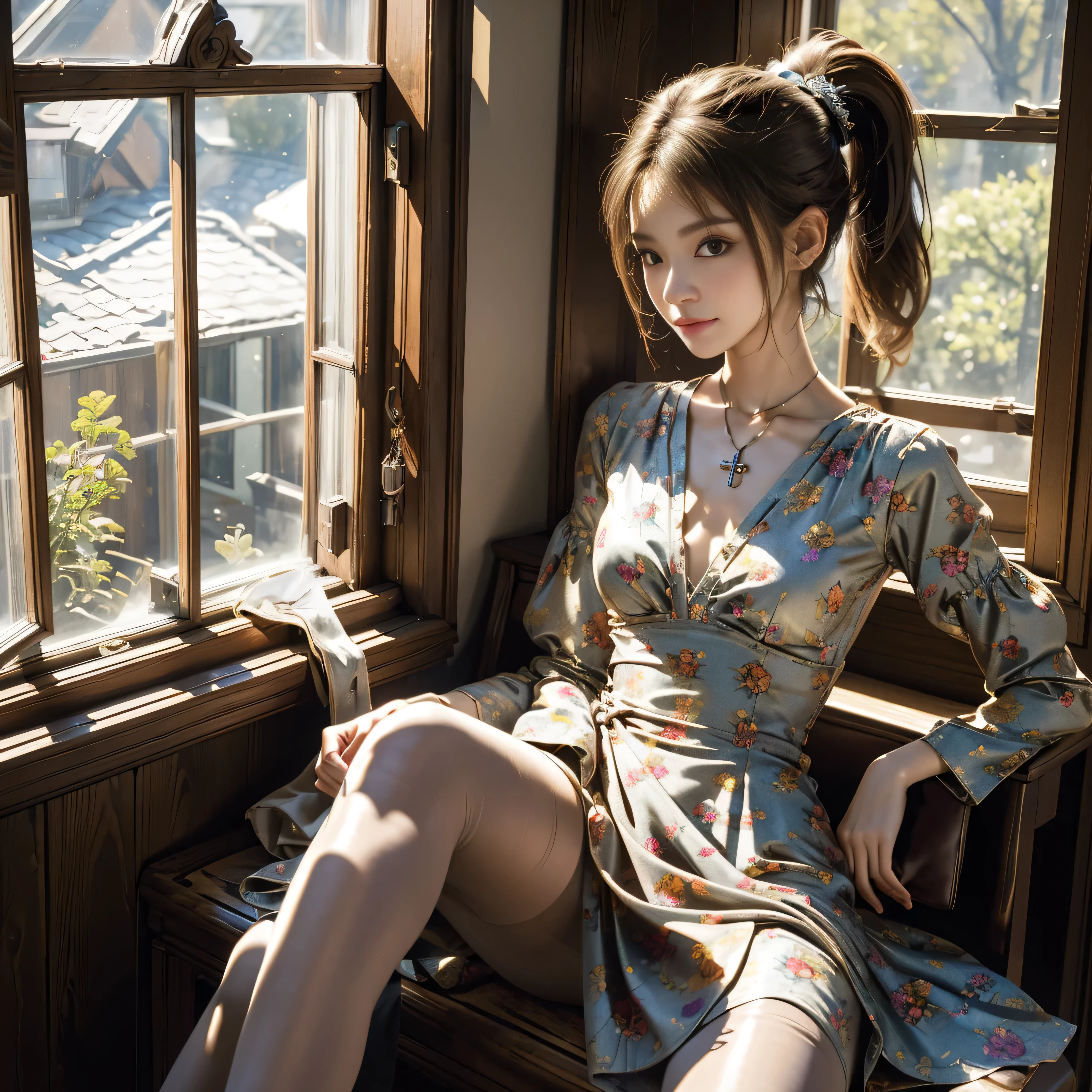 (best quality, 8k, Masterpiece, Ultra detailed, RAW), Sitting cross-legged in pantyhose, ponytail, Small smile, jewelry, ((Printed dress)), scenario: cabin room, ((behind her bay window by that emaciated sombies advance in large numbers))