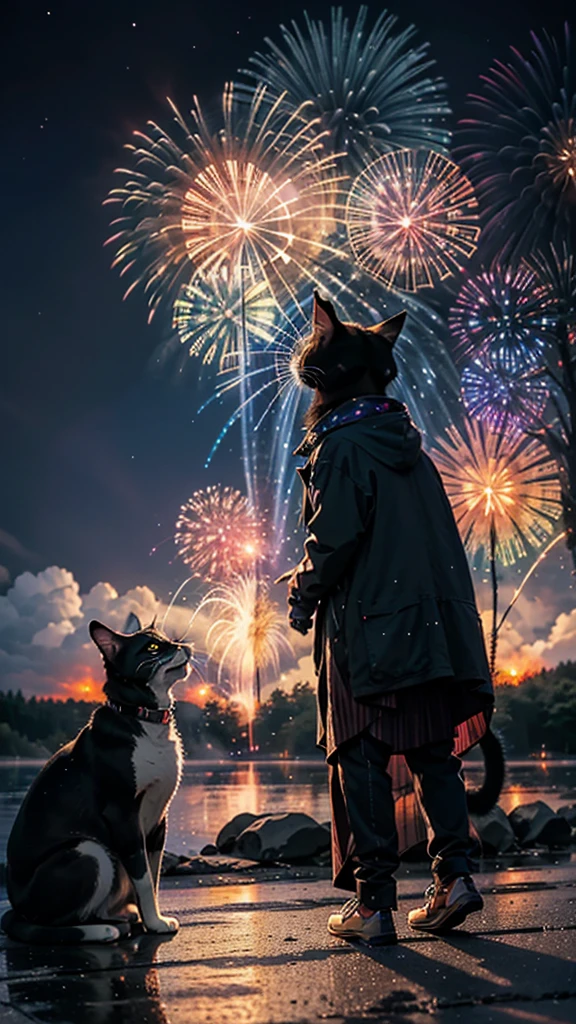 Fantastic scenery、firework、firework大会、Rainbow colorsのfireworkが打ちあがっている瞬間、With the night sky、壮大なfirework、future都市、Highest quality、masterpiece, (Diffuse reflection of light:1.2), When the fantastic rainbow turns into shadow, bathed in a mystical atmosphere.Catたちも見ています、 Cat, Cast magic spells. evoke a sense of wonder and awe. A fusion of natural grandeur and magic, Weaving dreams into reality. Behold, null, And the unknown, Fleeting、And an eternal moment, 16K, Ultra-high resolution.Realistic, Ultra-high resolution, to be born,future、Rainbow colorsに光り輝く、Rainbow colors、The world 30 years from now。