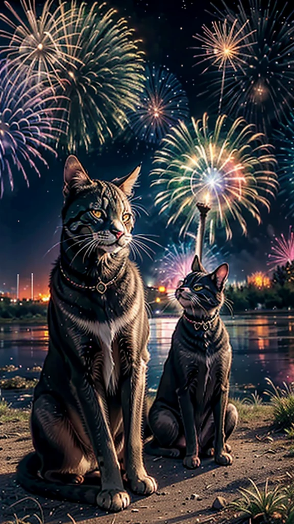 Fantastic scenery、firework、firework大会、Rainbow colorsのfireworkが打ちあがっている瞬間、With the night sky、壮大なfirework、future都市、Highest quality、masterpiece, (Diffuse reflection of light:1.2), When the fantastic rainbow turns into shadow, bathed in a mystical atmosphere.Catたちも見ています、 Cat, Cast magic spells. evoke a sense of wonder and awe. A fusion of natural grandeur and magic, Weaving dreams into reality. Behold, null, And the unknown, Fleeting、And an eternal moment, 16K, Ultra-high resolution.Realistic, Ultra-high resolution, to be born,future、Rainbow colorsに光り輝く、Rainbow colors、The world 30 years from now。