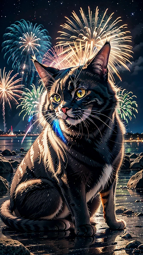 Fantastic scenery、firework、firework大会、Rainbow colorsのfireworkが打ちあがっている瞬間、With the night sky、壮大なfirework、future都市、Highest quality、masterpiece, (Diffuse reflection of light:1.2), When the fantastic rainbow turns into shadow, bathed in a mystical atmosphere.Catたちも見ています、 Cat, Cast magic spells. evoke a sense of wonder and awe. A fusion of natural grandeur and magic, Weaving dreams into reality. Behold, null, And the unknown, Fleeting、And an eternal moment, 16K, Ultra-high resolution.Realistic, Ultra-high resolution, to be born,future、Rainbow colorsに光り輝く、Rainbow colors、The world 30 years from now。
