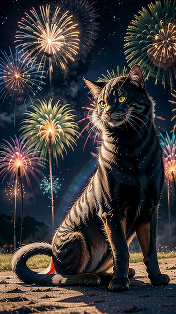 Fantastic scenery、firework、firework大会、Rainbow colorsのfireworkが打ちあがっている瞬間、With the night sky、壮大なfirework、future都市、Highest quality、masterpiece, (Diffuse reflection of light:1.2), When the fantastic rainbow turns into shadow, bathed in a mystical atmosphere.Catたちも見ています、 Cat, Cast magic spells. evoke a sense of wonder and awe. A fusion of natural grandeur and magic, Weaving dreams into reality. Behold, null, And the unknown, Fleeting、And an eternal moment, 16K, Ultra-high resolution.Realistic, Ultra-high resolution, to be born,future、Rainbow colorsに光り輝く、Rainbow colors、The world 30 years from now。