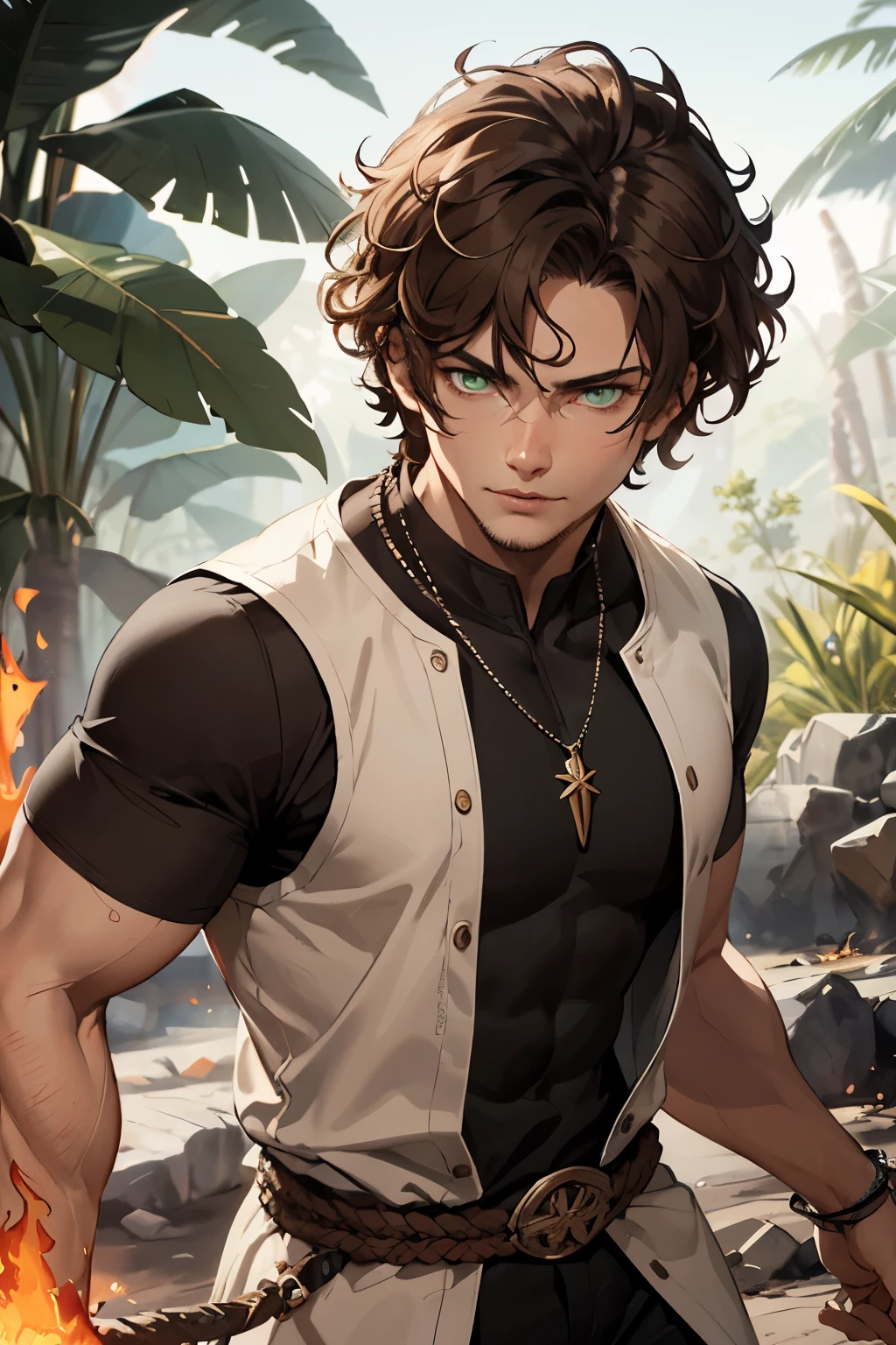 ((best quality)), ((masterpiece)), (detailed), white skin, mascular male, green eyes, short hair, brown hair, black tunic, jungle, fire mage, short sleeve, hyper realistic, strong male, mature male, necklace, fire mage, fire from hand, fighting stance, perfect eyes, curly hair, strong face, 