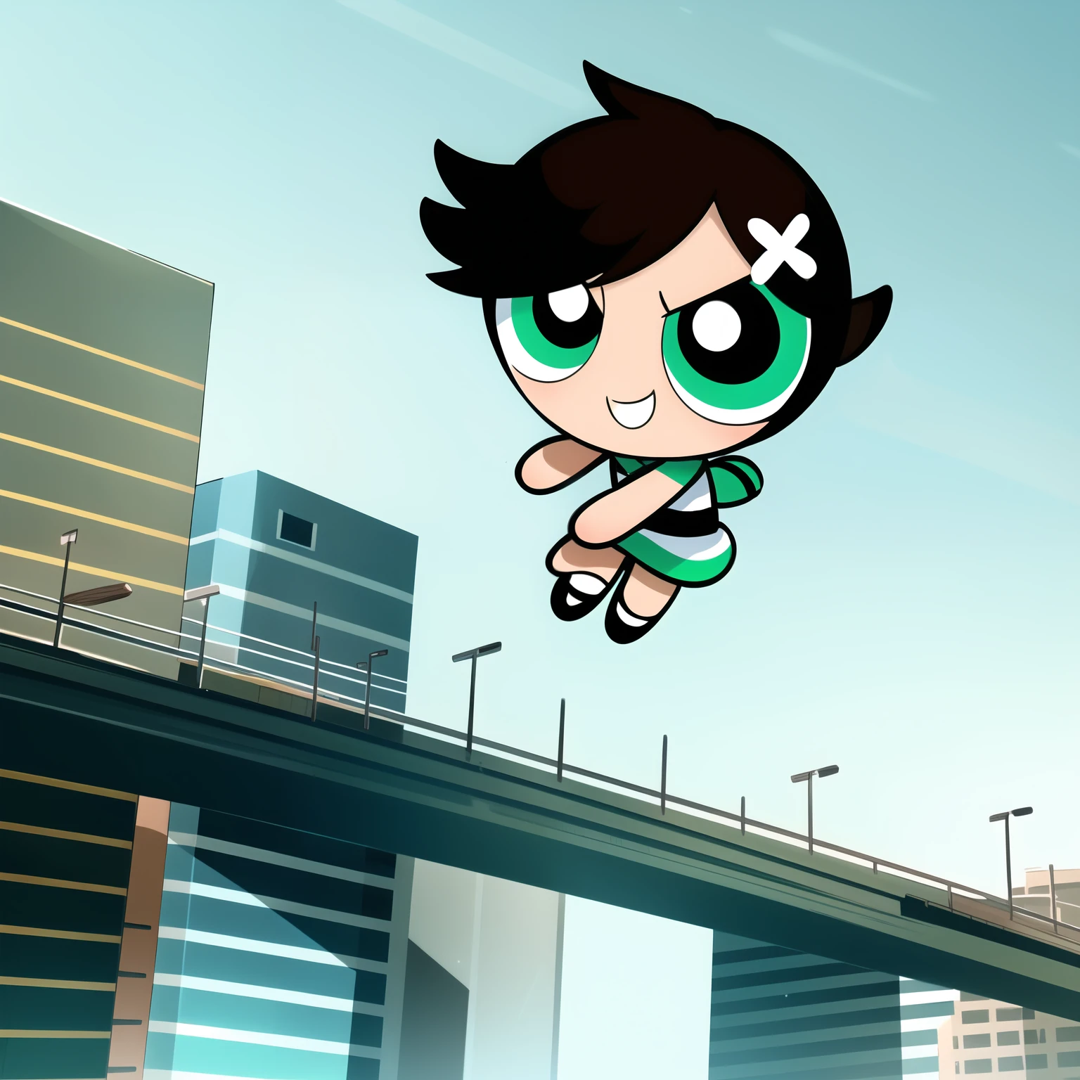 ((cute smile)), full body, 1girl , chibi, hair ornament, ((brown short hair)), mint colored eyes, white Sailor Dress, city background,